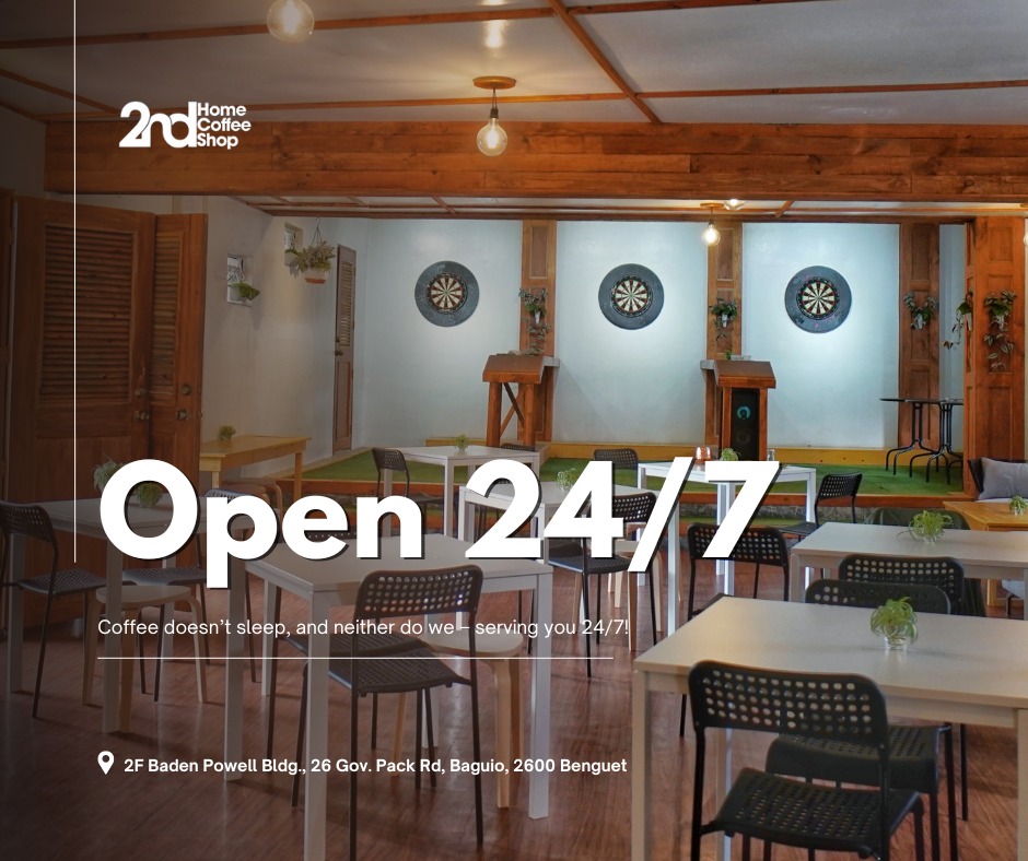 Cozy dining room at 2nd Home Coffee Shop with dart boards and pendant lights — Open 24/7